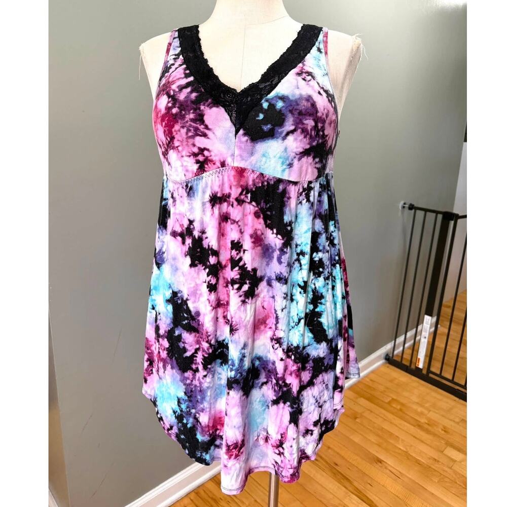 Torrid 0 (0X size 12) Rainbow Tie Dye Super Soft Lace Trim V Neck Sleep Dress
